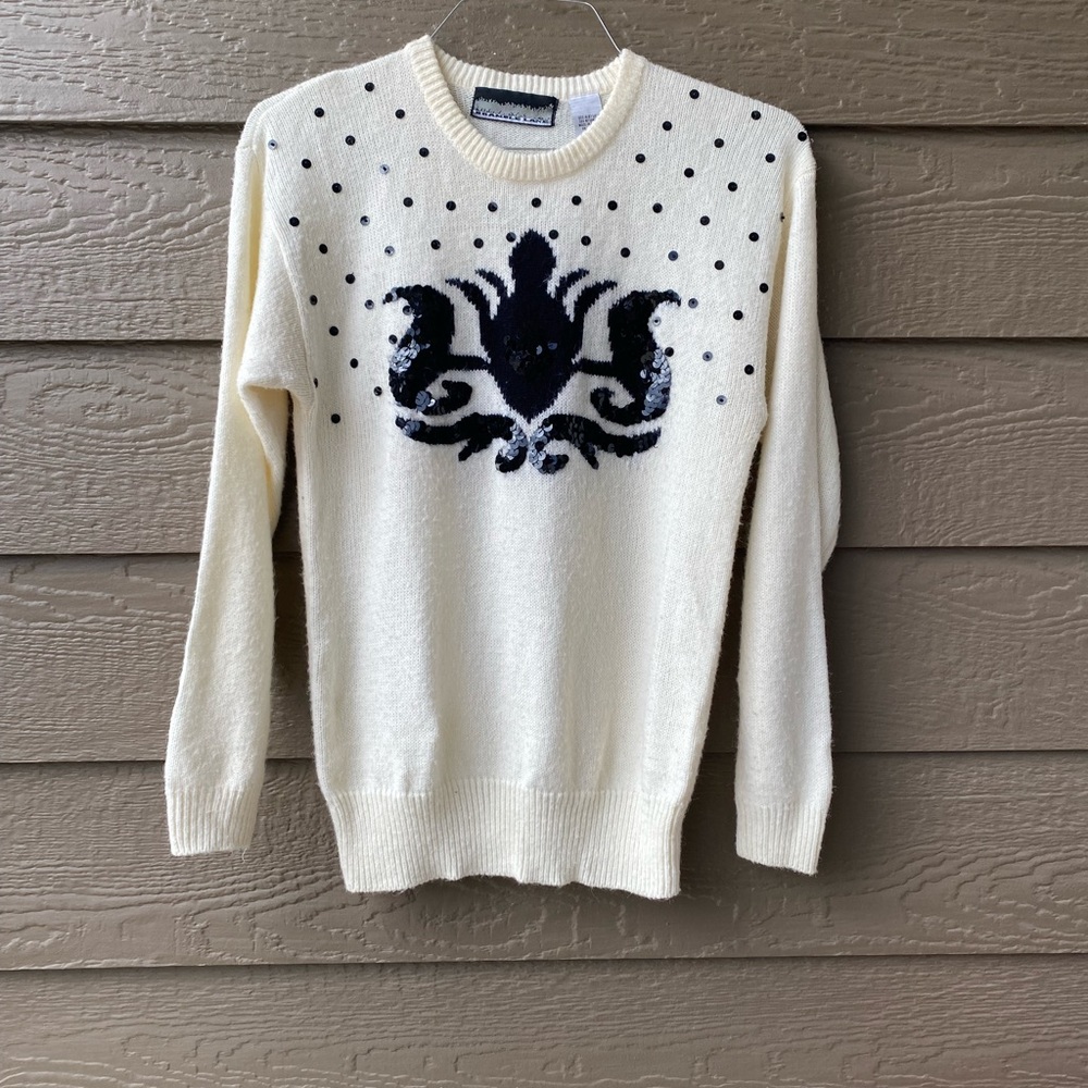 VTG Bramble Lane Womens Crew Neck Sequins Embellished Pullover Sweater M